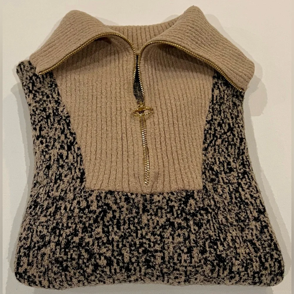 Rachel Zoe Quarter Zip Small Collared Sweater Tan Black - Picture 13 of 13